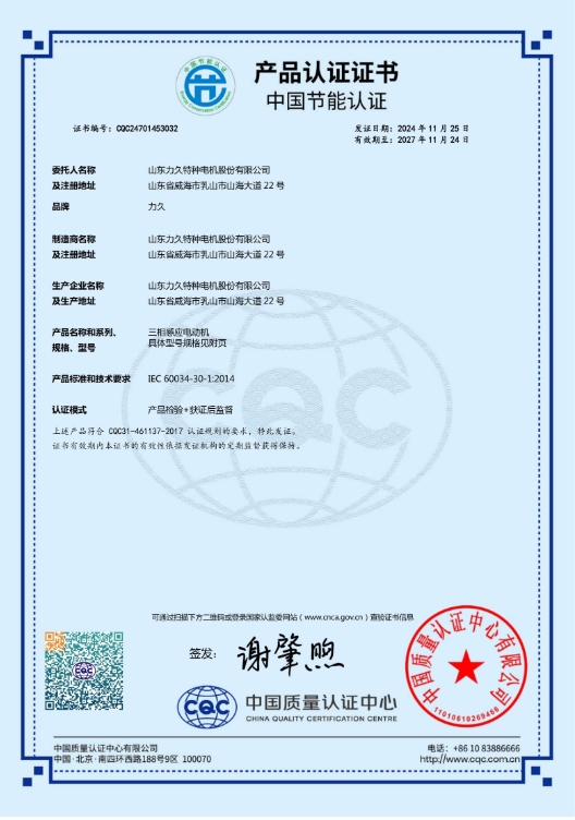 山東力久成功獲得電機(jī)IEC標(biāo)準(zhǔn)節(jié)能認(rèn)證 山東力久成功獲得電機(jī)IEC標(biāo)準(zhǔn)節(jié)能認(rèn)證